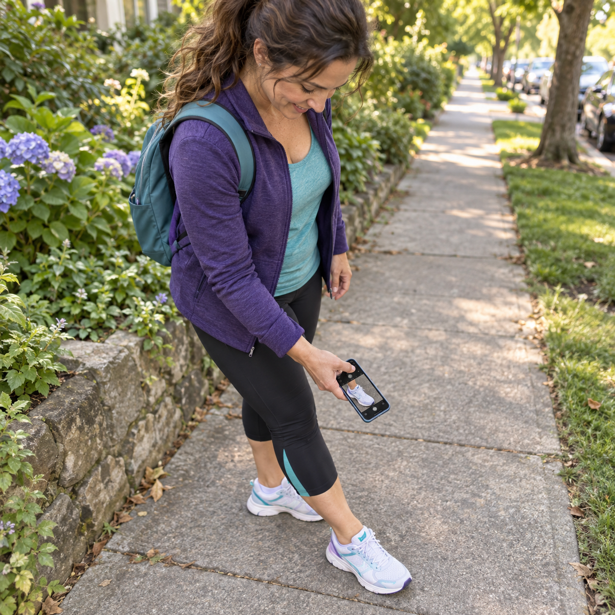 A woman taking a casual photo of her sneaker during a walk